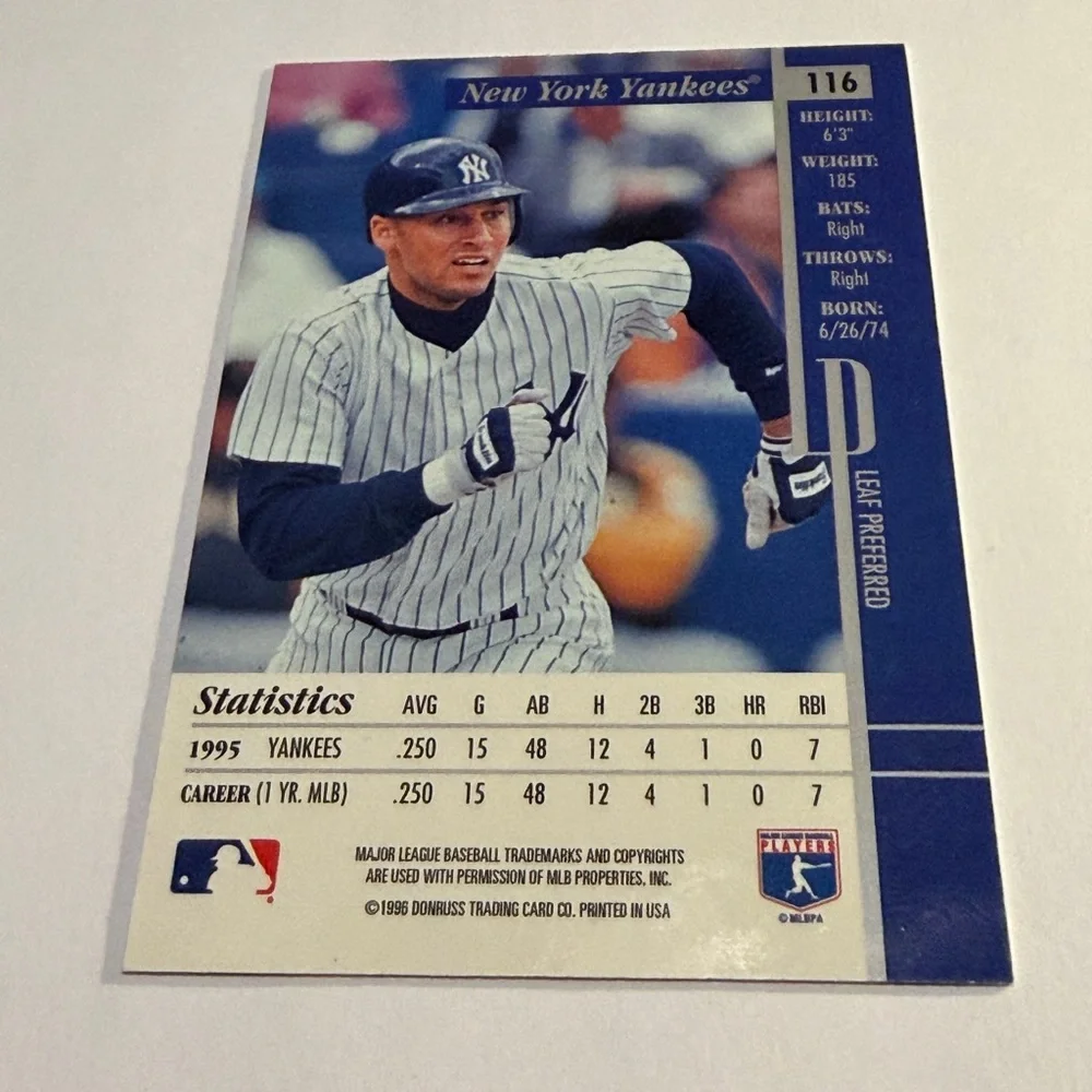 Derek Jeter 1996 Leaf Preferred Baseball Card Vintage Collectible #116
